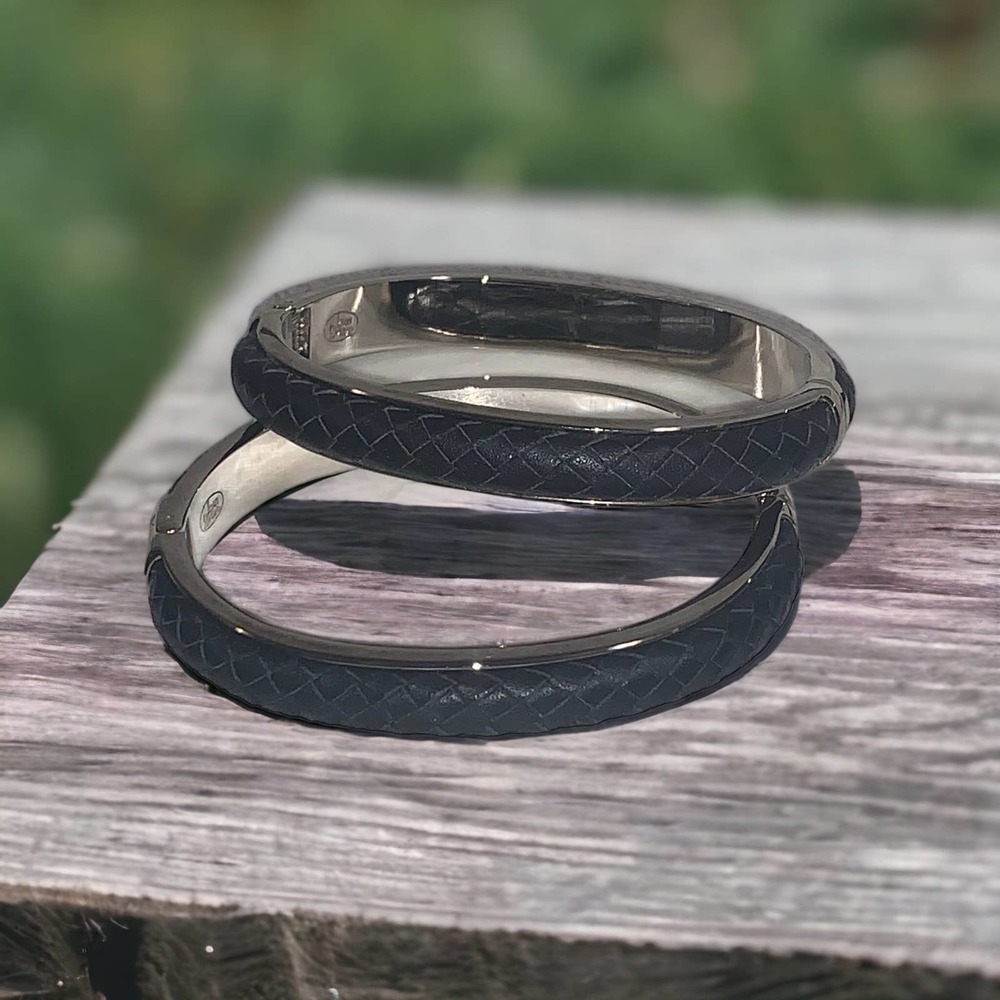 Joan Rivers Silver Black Braided Hinged Bangle Bracelets Set of 2 EUC